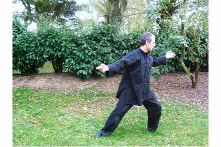 Ecarter jambe droite et jeter bras droit bras gauche