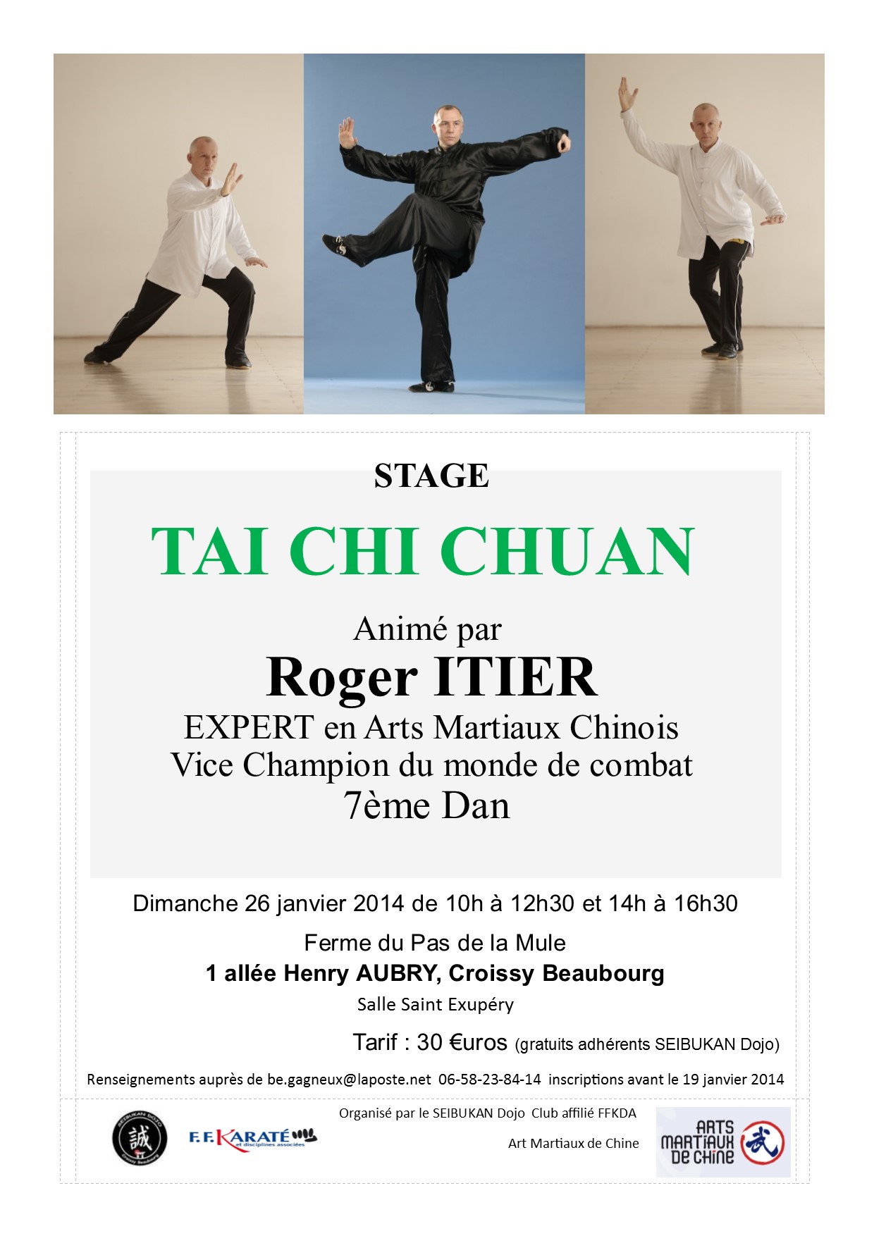 Affiche du stage de Tai Chi du 27/01/2014 avec Roger ITIER