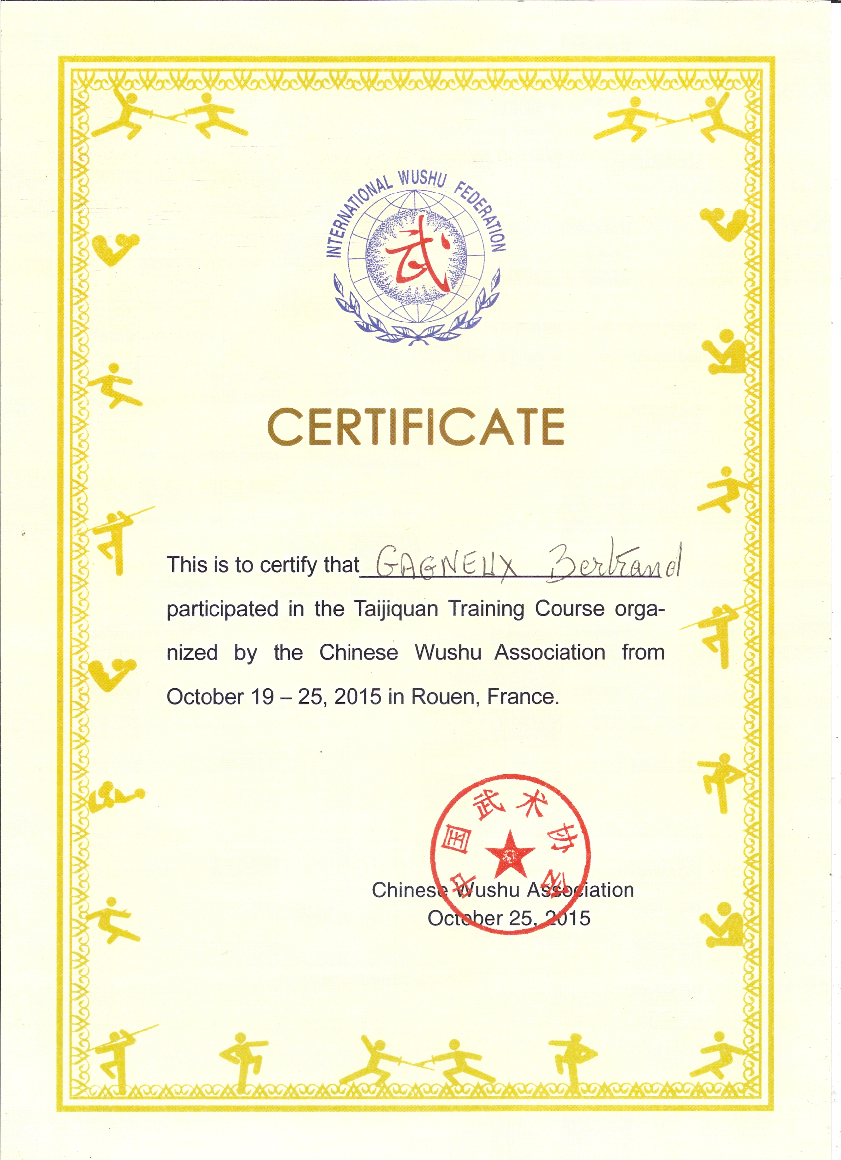 Le diplome de stage international taiji Rouen octobre 2015
